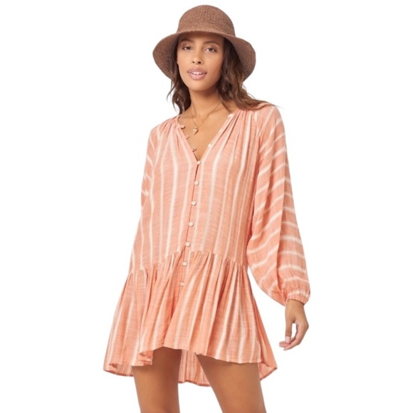 l*space Vida Dress Peasant Boho Coral With Cream Stripes - Picture 1 of 14